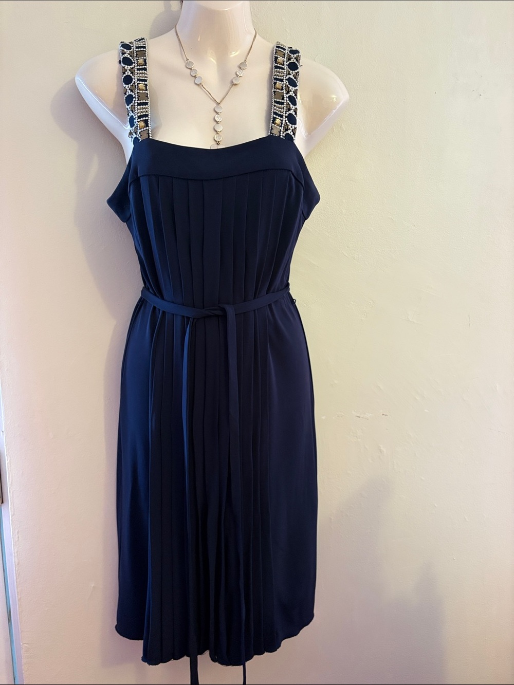 Tory Burch Navy Midi Dress with Beaded Straps. Viscose